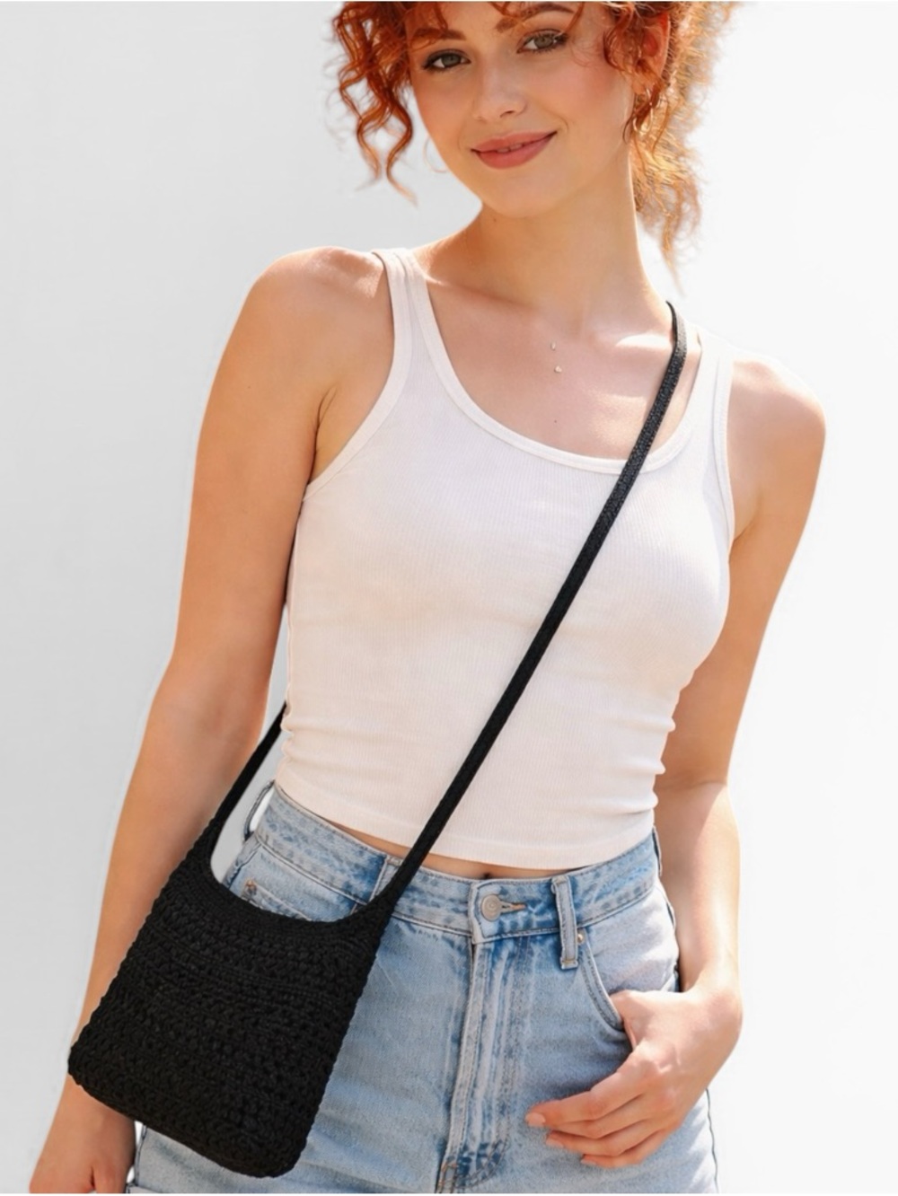 The Sak Black Crochet Crossbody Bag Woven Zip Top Boho Shoulder Purse